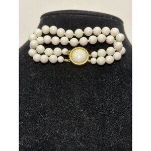 Vtg Gold Tone Double Strand White  Beads Bracelet  Cabochon Clasp